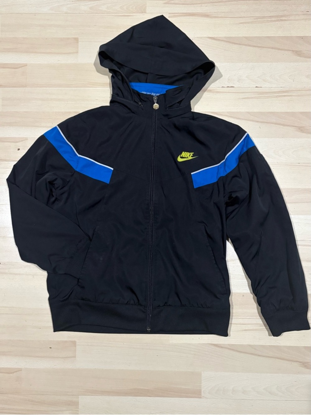 Nike Kids Black & Blue Hooded Jacket with Neon Yellow Logo